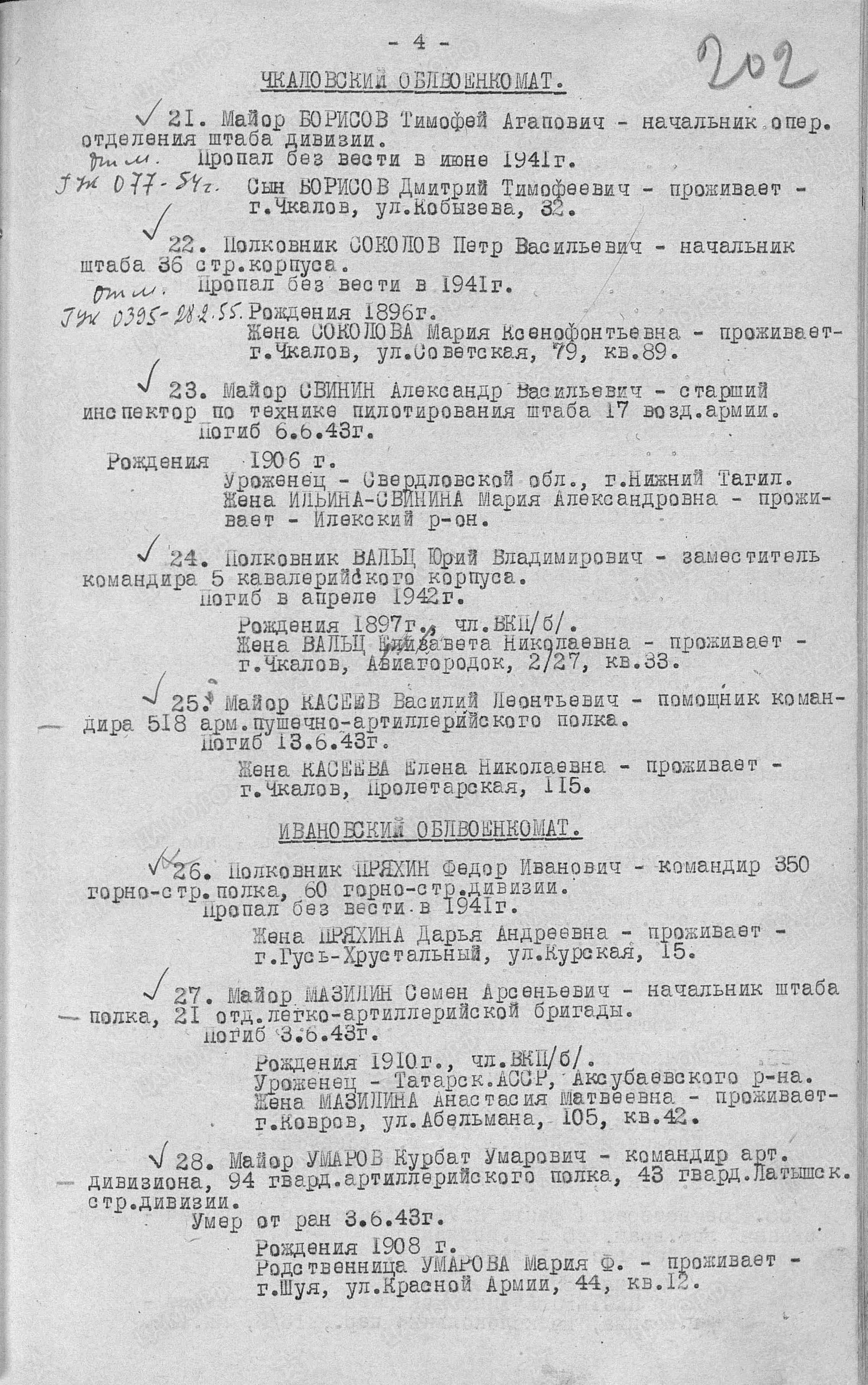 Scan of a 1943 Chkalov military commissariat roll-removal register page, row 24 naming Colonel Waltz, his wife Elizaveta Nikolaevna, and their home address.